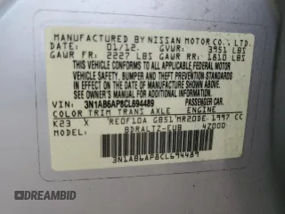 2012 Nissan Sentra S with VIN 3N1AB6AP8CL694489, listed as a Copart auction lot 47964645 with 179,399 mi miles and Salvage Title. Bid and sale history available at DreamBid. Image 12.