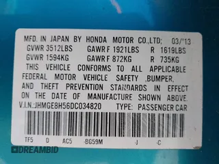 2013 Honda Fit Sport with VIN JHMGE8H56DC034820, listed as a IAAI auction lot 41737797 with 157,846 mi miles. Bid and sale history available at carsss.com. Image 9.