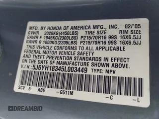 2005 Honda Element LX with VIN 5J6YH18345L003449, listed as a IAAI auction lot 41954889 with Not Provided miles and . Bid and sale history available at DreamBid. Image 9.