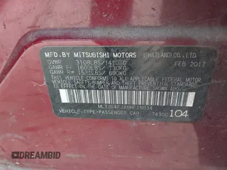 2017 Mitsubishi Mirage G4 SE with VIN ML32F4FJXHHF19834, listed as a IAAI auction lot 41309253 with 101,491 mi miles. Bid and sale history available at carsss.com. Image 9.
