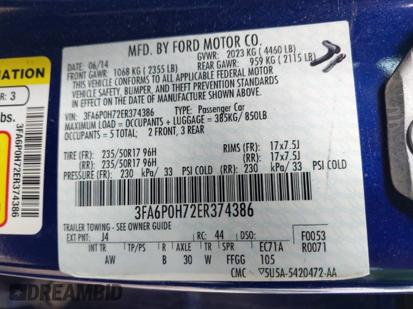 2014 Ford Fusion SE with VIN 3FA6P0H72ER374386, listed as a IAAI auction lot 41938833 with 140,095 mi miles. Bid and sale history available at carsss.com. Image 9.