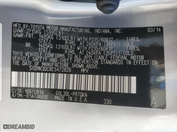 2014 Toyota Sienna XLE with VIN 5TDYK3DC8ES472826, listed as a Copart auction lot 46174385 with 129,094 mi miles and Salvage Title. Bid and sale history available at carsss.com. Image 15.