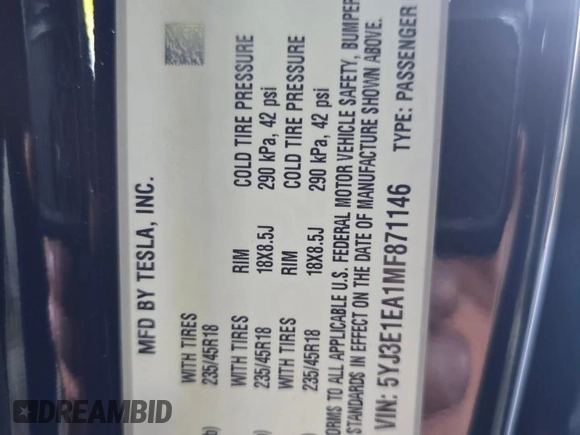 2021 Tesla Model 3 Standard Range Plus with VIN 5YJ3E1EA1MF871146, listed as a Copart auction lot 74850124 with 72,492 mi miles and Salvage Title. Bid and sale history available at DreamBid. Image 11.