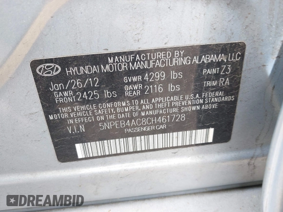 2012 Hyundai Sonata GLS with VIN 5NPEB4AC8CH461728, listed as a IAAI auction lot 41938399 with 133,571 mi miles. Bid and sale history available at carsss.com. Image 9.