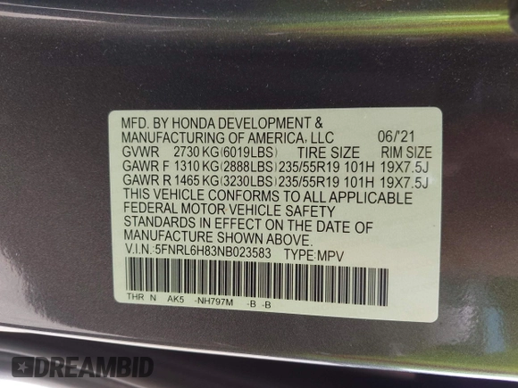 2022 Honda Odyssey Touring z VIN 5FNRL6H83NB023583, wystawiony jako IAAI lot #42425498 z przebiegiem Nie podano mil oraz . Historia ofert i sprzedaży dostępna na DreamBid. Obrazek 9.
