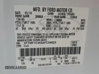 2010 Ford F-150 XL with VIN 1FTMF1CW2AFC54023, listed as a Copart auction lot 57428195 with 183,892 mi miles and Salvage title. Bid and sale history available at DreamBid. Image 12.