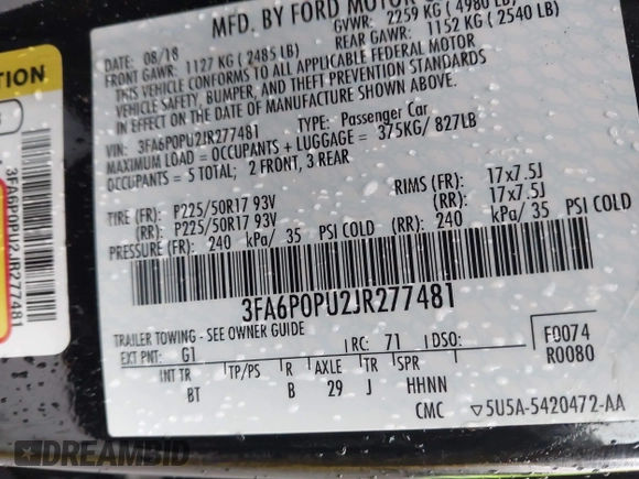 2018 Ford Fusion Energi SE with VIN 3FA6P0PU2JR277481, listed as a IAAI auction lot 41778140 with 51,933 mi miles. Bid and sale history available at carsss.com. Image 9.