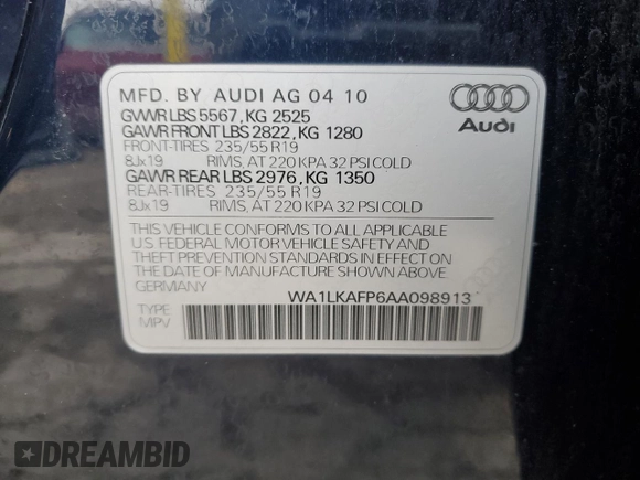 2010 Audi Q5 Premium Plus with VIN WA1LKAFP6AA098913, listed as a Copart auction lot 47976505 with 145,760 mi miles and Salvage title. Bid and sale history available at DreamBid. Image 13.