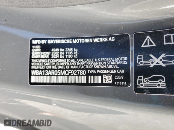 2021 BMW 4 Series M440i xDrive with VIN WBA13AR05MCF92780, listed as a Copart auction lot 42741285 with 41,751 mi miles and Salvage Title. Bid and sale history available at DreamBid. Image 13.