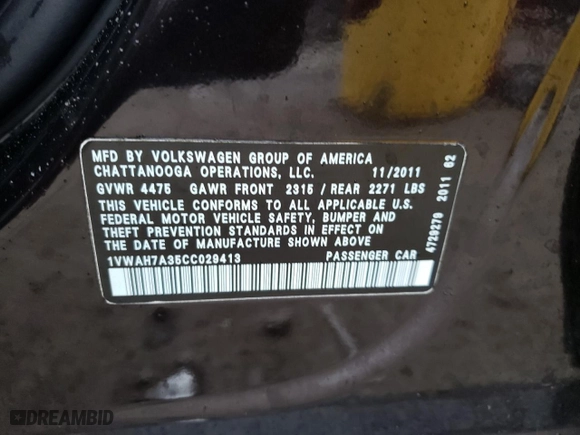 2012 Volkswagen Passat S w/Appearance with VIN 1VWAH7A35CC029413, listed as a Copart auction lot 88916745 with 192,295 mi miles and Clean Title. Bid and sale history available at carsss.com. Image 12.