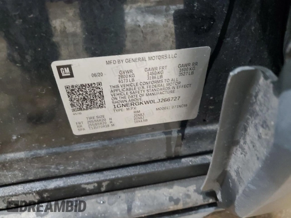 2020 Chevrolet Traverse LT Cloth with VIN 1GNERGKW0LJ266727, listed as a Copart auction lot 64620575 with Not provided miles and Salvage title. Bid and sale history available at DreamBid. Image 13.