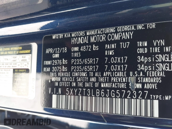 2018 Hyundai Santa Fe Sport 2.4L with VIN 5XYZT3LB6JG572327, listed as a IAAI auction lot 41819318 with 60,539 mi miles. Bid and sale history available at carsss.com. Image 9.