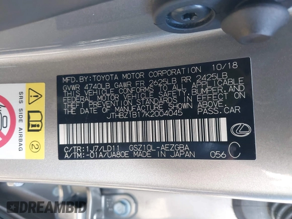 2019 Lexus ES 350 with VIN JTHBZ1B17K2004045, listed as a IAAI auction lot 41782256 with 58,039 mi miles and . Bid and sale history available at DreamBid. Image 9.