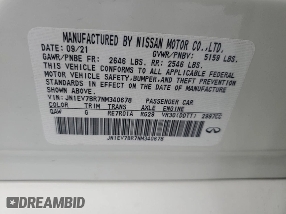 2022 Infiniti Q50 Luxe with VIN JN1EV7BR7NM340678, listed as a Copart auction lot 53838185 with 36,834 mi miles and Salvage title. Bid and sale history available at DreamBid. Image 12.
