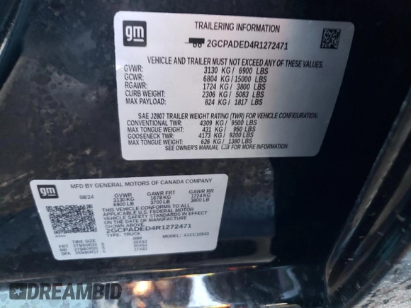 2024 Chevrolet Silverado 1500 RST with VIN 2GCPADED4R1272471, listed as a Copart auction lot 43220595 with 1,770 mi miles and Salvage Title. Bid and sale history available at carsss.com. Image 13.