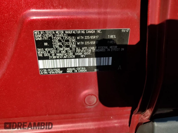 2018 Toyota RAV4 LE with VIN 2T3BFREV7JW723938, listed as a Copart auction lot 62814195 with 107,051 mi miles and Salvage title. Bid and sale history available at DreamBid. Image 12.