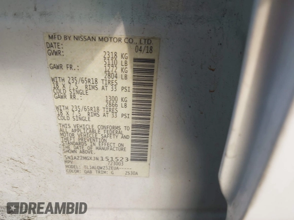 2018 Nissan Murano SV with VIN 5N1AZ2MGXJN151523, listed as a IAAI auction lot 41973381 with 138,728 mi miles and . Bid and sale history available at DreamBid. Image 9.