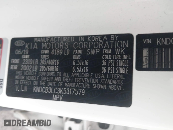 2019 Kia Niro LX with VIN KNDCB3LC3K5317579, listed as a IAAI auction lot 41670409 with 56,143 mi miles. Bid and sale history available at carsss.com. Image 9.