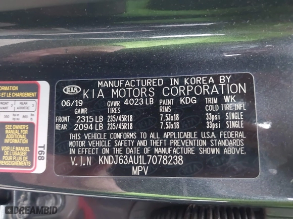 2020 Kia Soul GT-Line with VIN KNDJ63AU1L7078238, listed as a IAAI auction lot 41931330 with 38,484 mi miles. Bid and sale history available at carsss.com. Image 9.