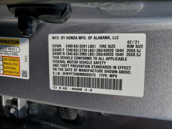 2021 Honda Passport Touring с VIN 5FNYF7H96MB005515, выставлен на аукционе Copart как лот 68536794 с пробегом 30 043 миль миль и Списание • Salvage title. История ставок и продаж доступна на DreamBid. Изображение 13.