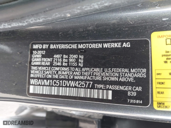2013 BMW X1 28i with VIN WBAVM1C51DVW42577, listed as a IAAI auction lot 42029627 with 140,343 mi miles. Bid and sale history available at carsss.com. Image 9.