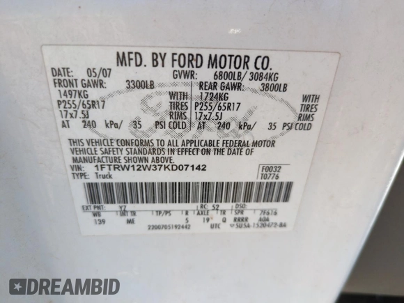 2007 Ford F-150 XLT with VIN 1FTRW12W37KD07142, listed as a Copart auction lot 61677585 with 193,758 mi miles and Clean title. Bid and sale history available at DreamBid. Image 12.