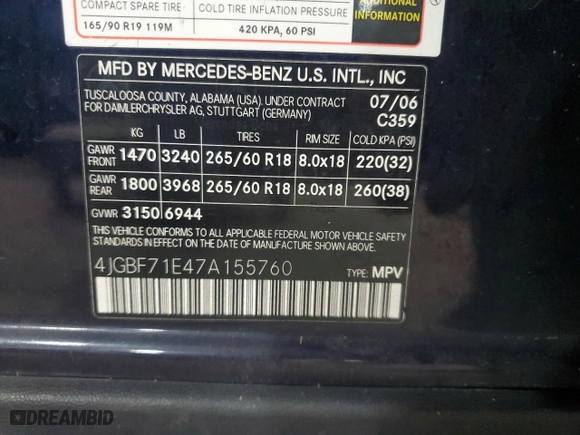 2007 Mercedes-Benz GL-Class with VIN 4JGBF71E47A155760, listed as a Copart auction lot 44367595 with NaN miles and Salvage Title. Bid and sale history available at carsss.com. Image 14.