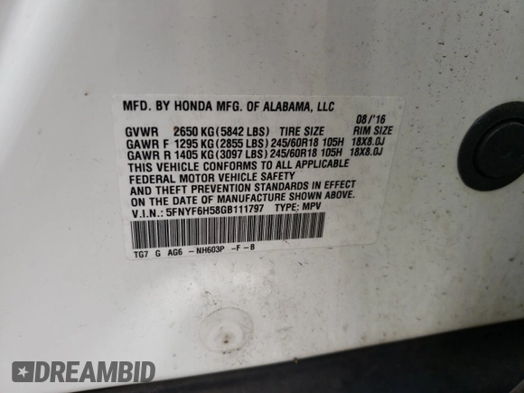 2016 Honda Pilot EX-L with VIN 5FNYF6H58GB111797, listed as a Copart auction lot 49082765 with 145,055 mi miles and Salvage Title. Bid and sale history available at carsss.com. Image 15.