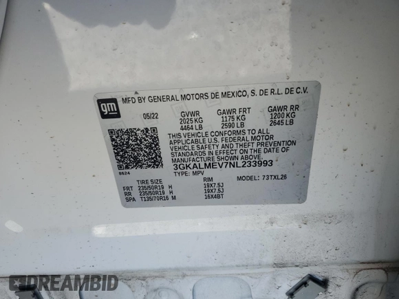 2022 GMC Terrain SLE z VIN 3GKALMEV7NL233993, wystawiony jako Copart lot #46848935 z przebiegiem 71 915 mil mil oraz Szkoda całkowita • Salvage title. Historia ofert i sprzedaży dostępna na DreamBid. Obrazek 13.