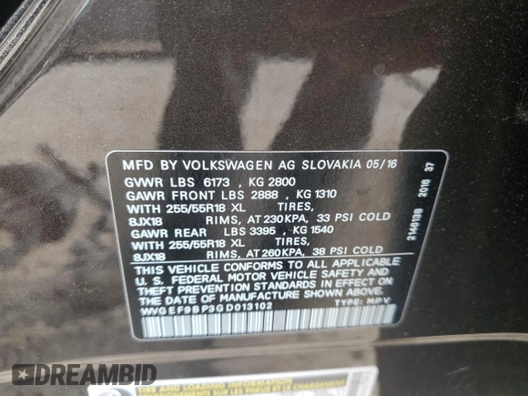 2016 Volkswagen Touareg Sport z VIN WVGEF9BP3GD013102, wystawiony jako Copart lot #53333375 z przebiegiem Nie podano mil oraz Szkoda całkowita • Salvage title. Historia ofert i sprzedaży dostępna na DreamBid. Obrazek 13.