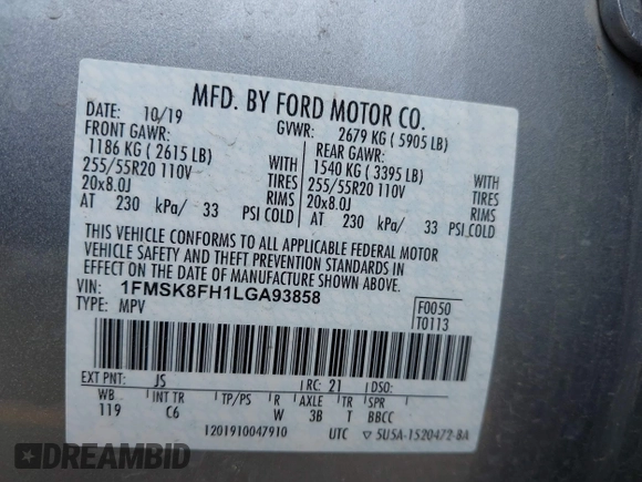2020 Ford Explorer Limited с VIN 1FMSK8FH1LGA93858, выставлен на аукционе IAAI как лот 42557330 с пробегом 86 006 миль миль и . История ставок и продаж доступна на DreamBid. Изображение 9.