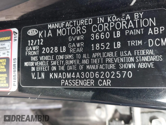 2013 Kia Rio LX with VIN KNADM4A30D6202570, listed as a IAAI auction lot 41215769 with Not Provided miles and . Bid and sale history available at DreamBid. Image 9.