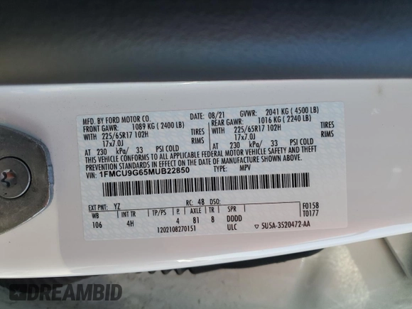 2021 Ford Escape SE with VIN 1FMCU9G65MUB22850, listed as a Copart auction lot 55229035 with 65,453 mi miles and Salvage title. Bid and sale history available at DreamBid. Image 12.