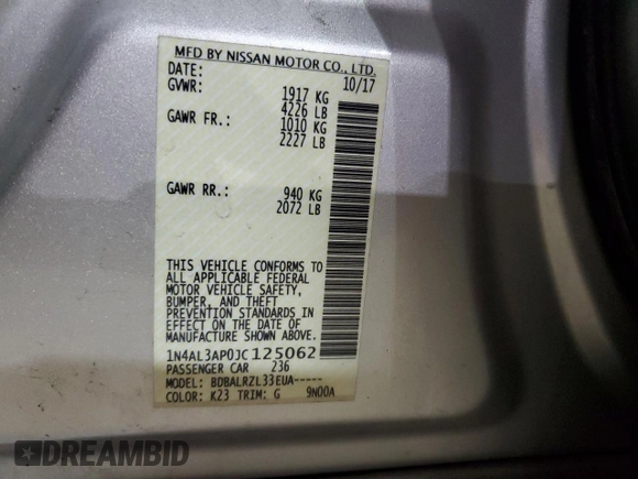 2018 Nissan Altima SV with VIN 1N4AL3AP0JC125062, listed as a Copart auction lot 82849554 with 122,830 mi miles and Clean Title. Bid and sale history available at DreamBid. Image 13.