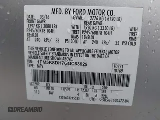 2016 Ford Explorer XLT with VIN 1FM5K8DH7GGC63629, listed as a IAAI auction lot 41506309 with 130,387 mi miles and . Bid and sale history available at DreamBid. Image 9.