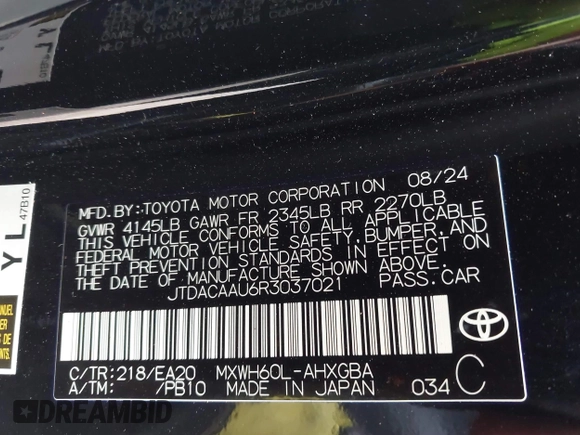 2024 Toyota Prius LE with VIN JTDACAAU6R3037021, listed as a IAAI auction lot 41446503 with 5,175 mi miles and . Bid and sale history available at carsss.com. Image 9.