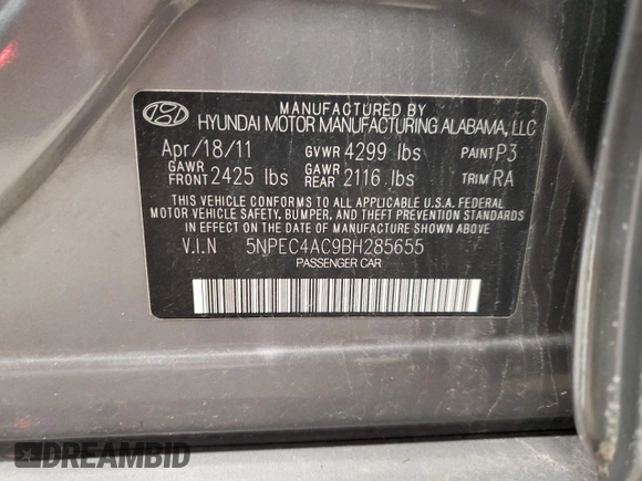2011 Hyundai Sonata Limited with VIN 5NPEC4AC9BH285655, listed as a Copart auction lot 55982455 with 166,840 mi miles and Non Repairable. Bid and sale history available at DreamBid. Image 12.