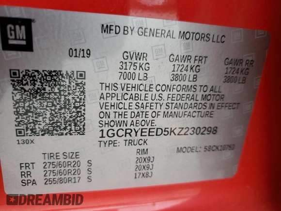 2019 Chevrolet Silverado 1500 RST with VIN 1GCRYEED5KZ230298, listed as a Copart auction lot 82813134 with 57,280 mi miles and Salvage Title. Bid and sale history available at DreamBid. Image 12.