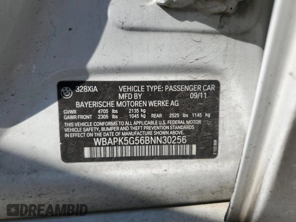 2011 BMW 3 Series 328i xDrive z VIN WBAPK5G56BNN30256, wystawiony jako Copart lot #56386585 z przebiegiem 141 571 mil mil oraz Szkoda całkowita • Salvage title. Historia ofert i sprzedaży dostępna na DreamBid. Obrazek 12.