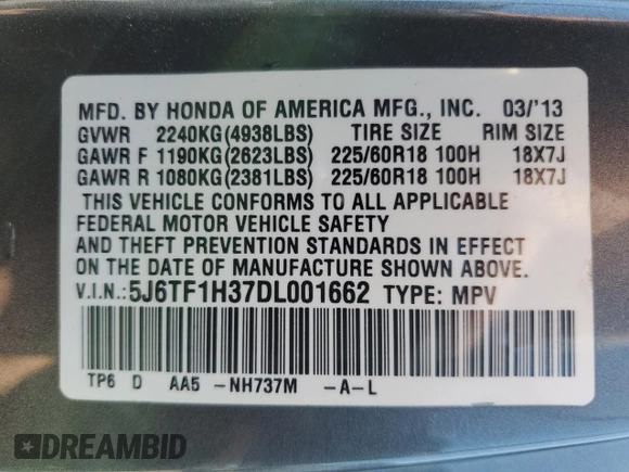 2013 Honda Crosstour EX z VIN 5J6TF1H37DL001662, wystawiony jako Copart lot #77690664 z przebiegiem 236 768 mil mil oraz Szkoda całkowita • Salvage title. Historia ofert i sprzedaży dostępna na DreamBid. Obrazek 12.