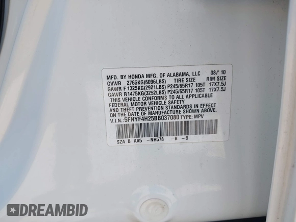 2011 Honda Pilot LX with VIN 5FNYF4H25BB037080, listed as a IAAI auction lot 42057399 with 146,790 mi miles and . Bid and sale history available at DreamBid. Image 9.