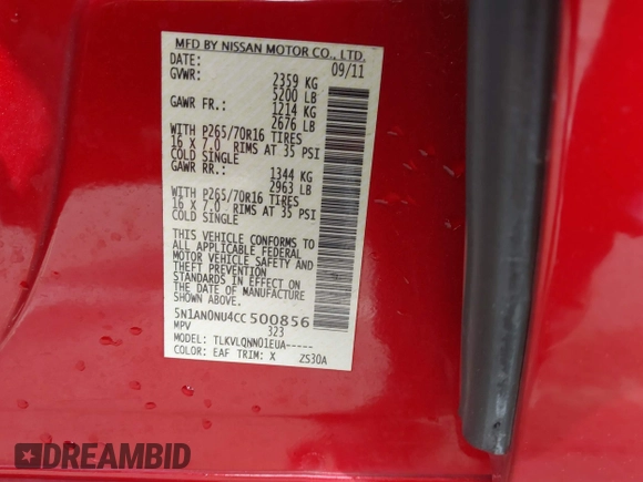 2012 Nissan Xterra X with VIN 5N1AN0NU4CC500856, listed as a IAAI auction lot 41535026 with 56,306 mi miles and . Bid and sale history available at DreamBid. Image 9.