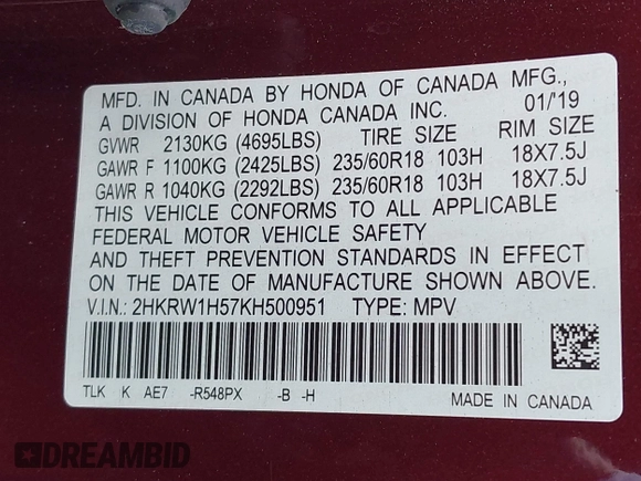 2019 Honda CR-V EX with VIN 2HKRW1H57KH500951, listed as a IAAI auction lot 41936738 with 45,901 mi miles. Bid and sale history available at carsss.com. Image 9.