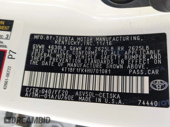 2017 Toyota Camry XLE with VIN 4T1BF1FK4HU701081, listed as a IAAI auction lot 41576380 with 75,426 mi miles. Bid and sale history available at carsss.com. Image 9.