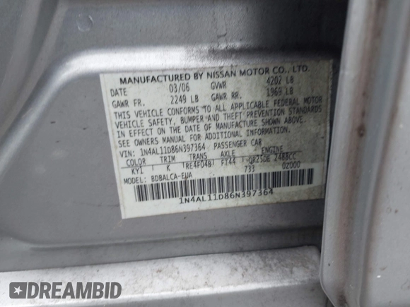 2006 Nissan Altima 2.5 with VIN 1N4AL11D86N397364, listed as a IAAI auction lot 41479049 with 125,887 mi miles. Bid and sale history available at carsss.com. Image 9.