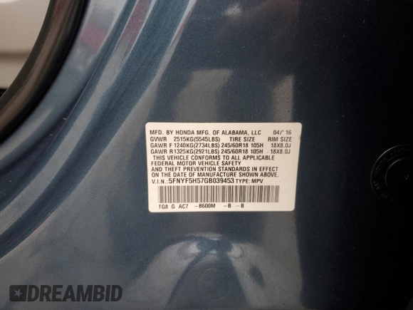 2016 Honda Pilot EX-L z VIN 5FNYF5H57GB039453, wystawiony jako Copart lot #57473405 z przebiegiem 54 551 mil mil oraz Szkoda całkowita • Salvage title. Historia ofert i sprzedaży dostępna na DreamBid. Obrazek 13.