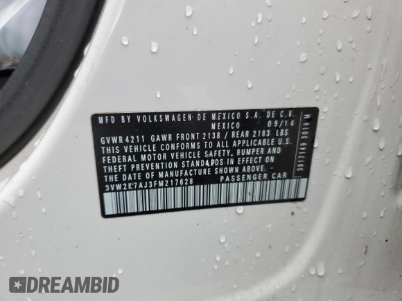 2015 Volkswagen Jetta S с VIN 3VW2K7AJ3FM217628, выставлен на аукционе Copart как лот 48149325 с пробегом 125 234 миль миль и Списание • Salvage title. История ставок и продаж доступна на DreamBid. Изображение 12.