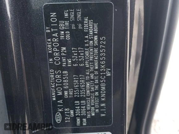 2019 Kia Sedona EX with VIN KNDMB5C13K6535725, listed as a Copart auction lot 82519594 with 57,129 mi miles and Salvage Title. Bid and sale history available at DreamBid. Image 13.
