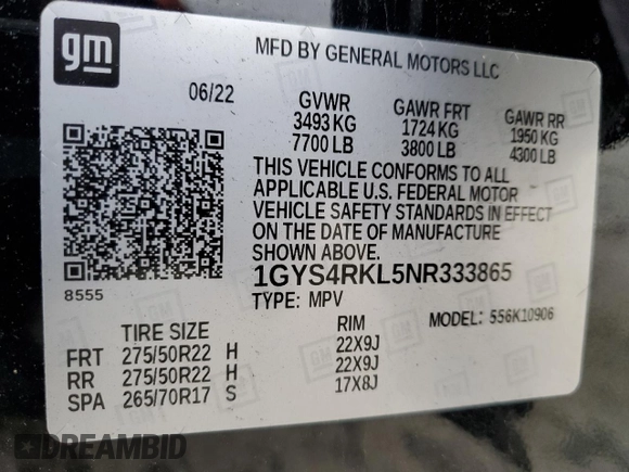 2022 Cadillac Escalade ESV Sport Platinum with VIN 1GYS4RKL5NR333865, listed as a Copart auction lot 80776844 with 71,297 mi miles and Salvage title. Bid and sale history available at DreamBid. Image 14.