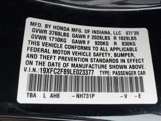 2020 Honda Civic Sedan Sport with VIN 19XFC2F89LE023377, listed as a IAAI auction lot 41808289 with 68,860 mi miles. Bid and sale history available at carsss.com. Image 9.